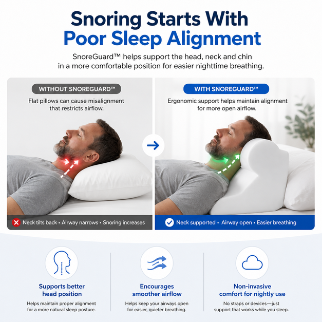 SnoreGuard Anti-Snore Sleep Support Pillow -Ergonomic Memory FoamPillow for Better Breathing & Deep Sleep