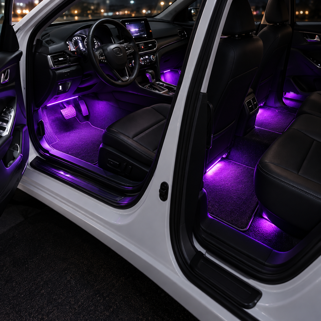 RGB footwell lighting installed in a modern car interior