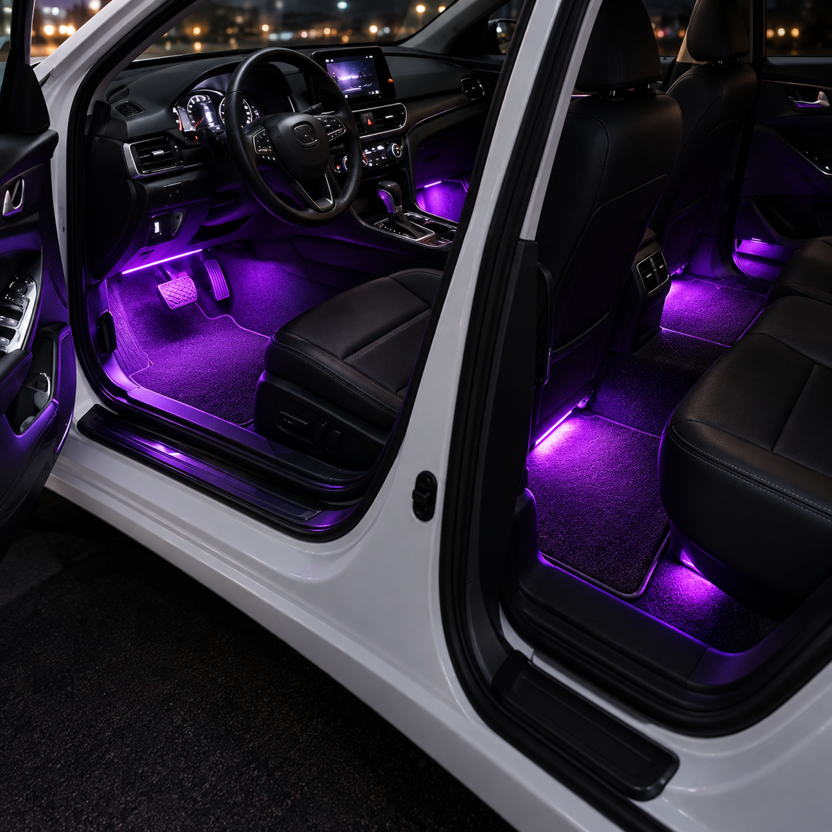 RGB footwell lighting installed in a modern car interior