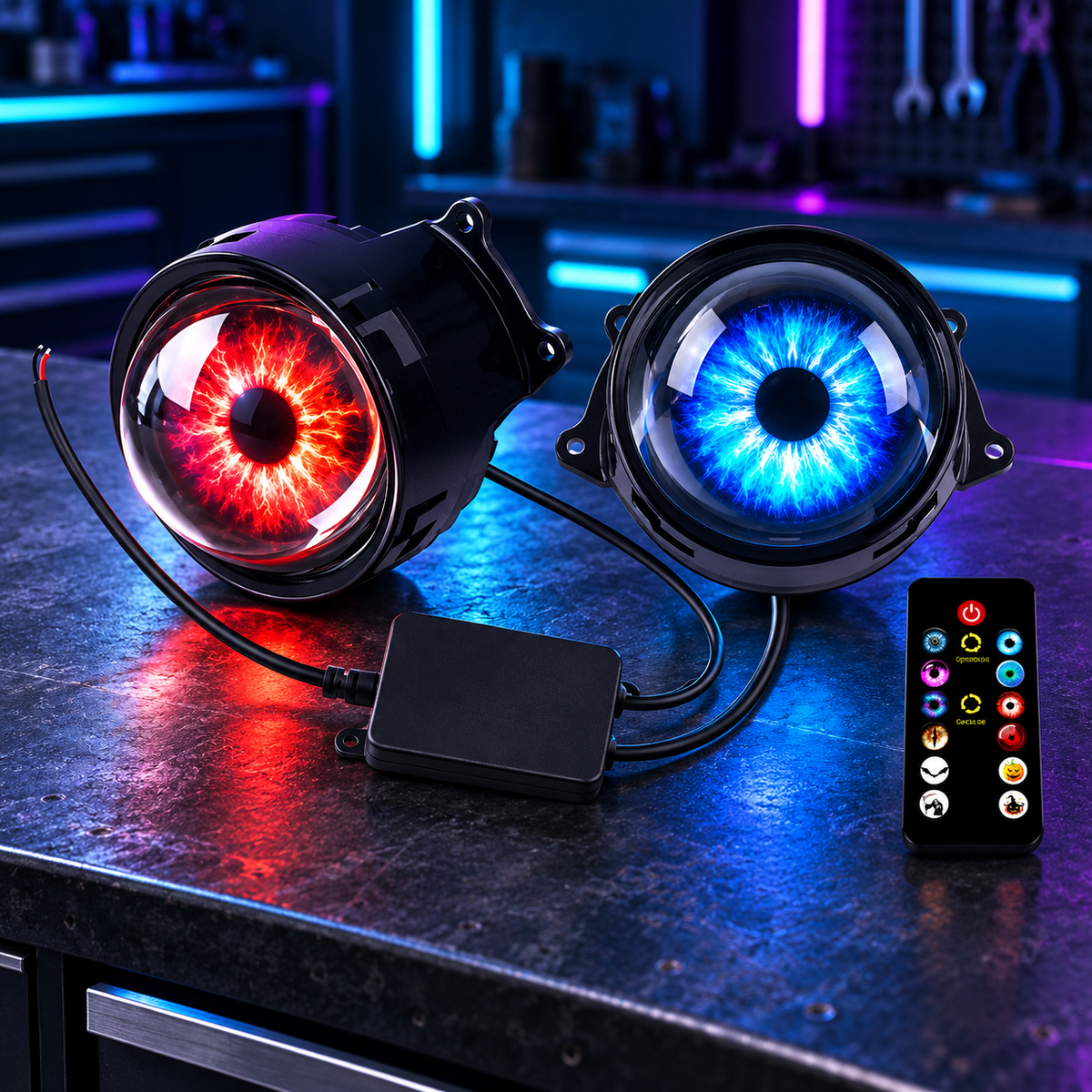 Dynamic LED eye lights displaying red and blue patterns
