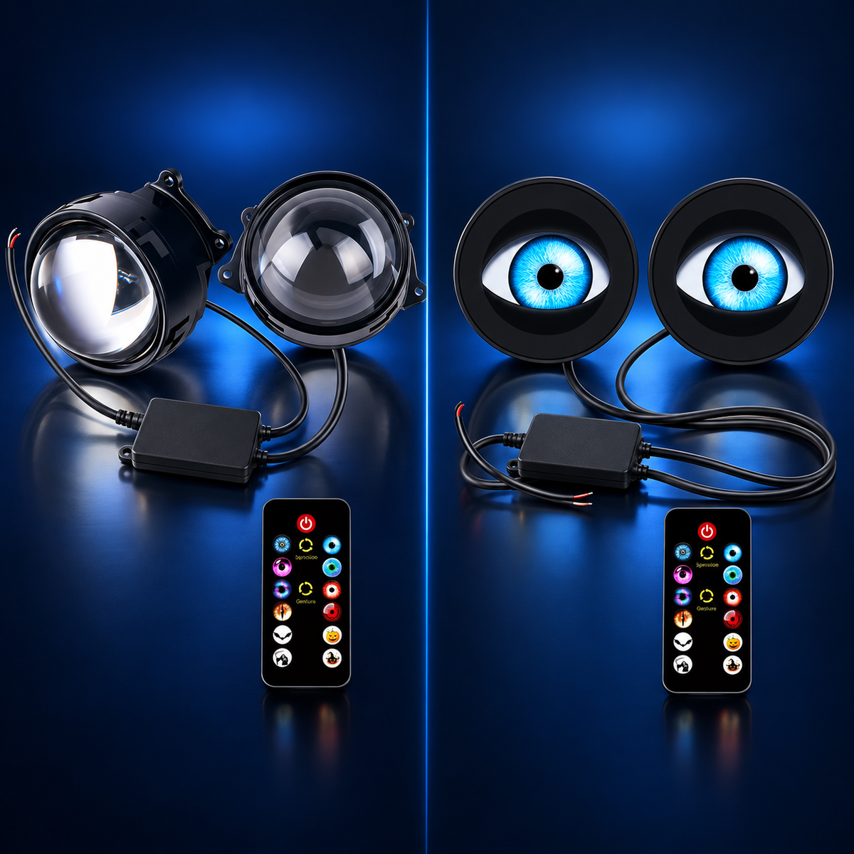 Projector-lens and flat-lens dynamic LED eye light options
