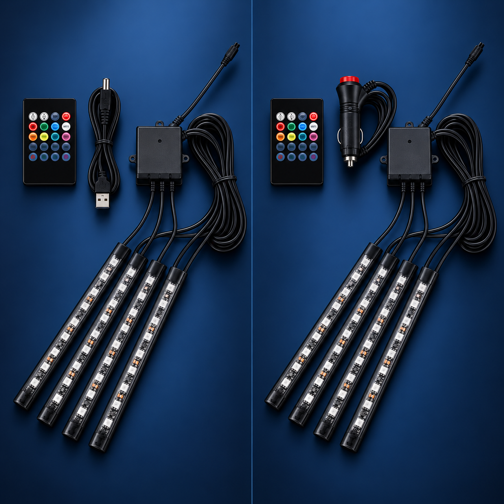 USB and 12V plug configurations for the four-strip footwell light kit