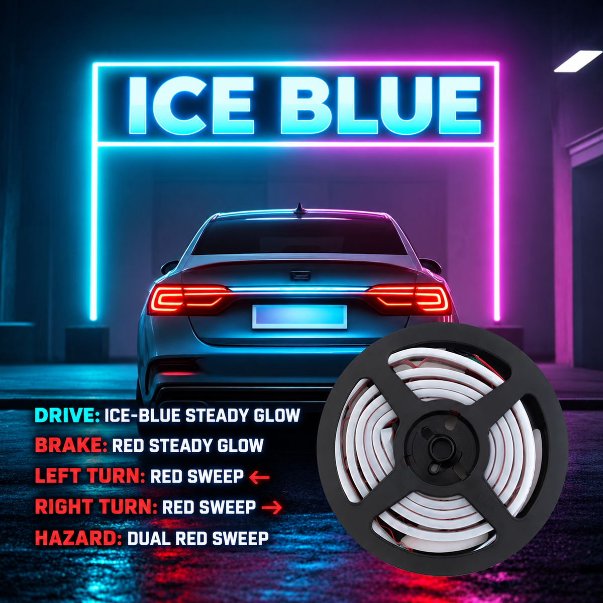 Ice blue trunk light driving braking turning and hazard modes