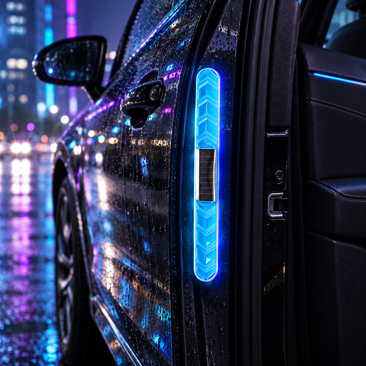 Solar warning strip installed on car door