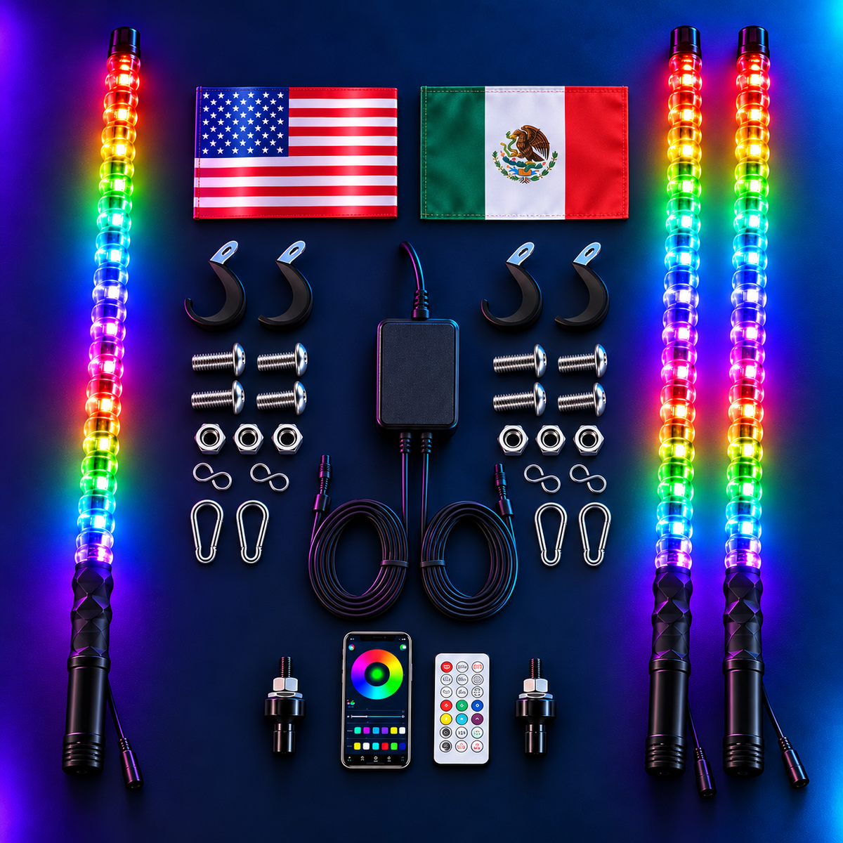 RGB whip light configurations and flag options