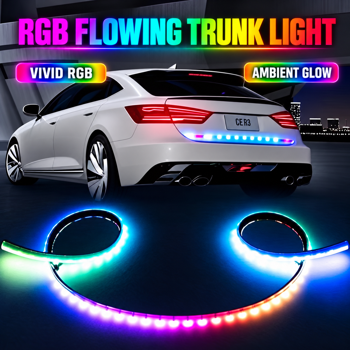 MORNAVIA RGB flowing LED car trunk light strip installed on a white sedan