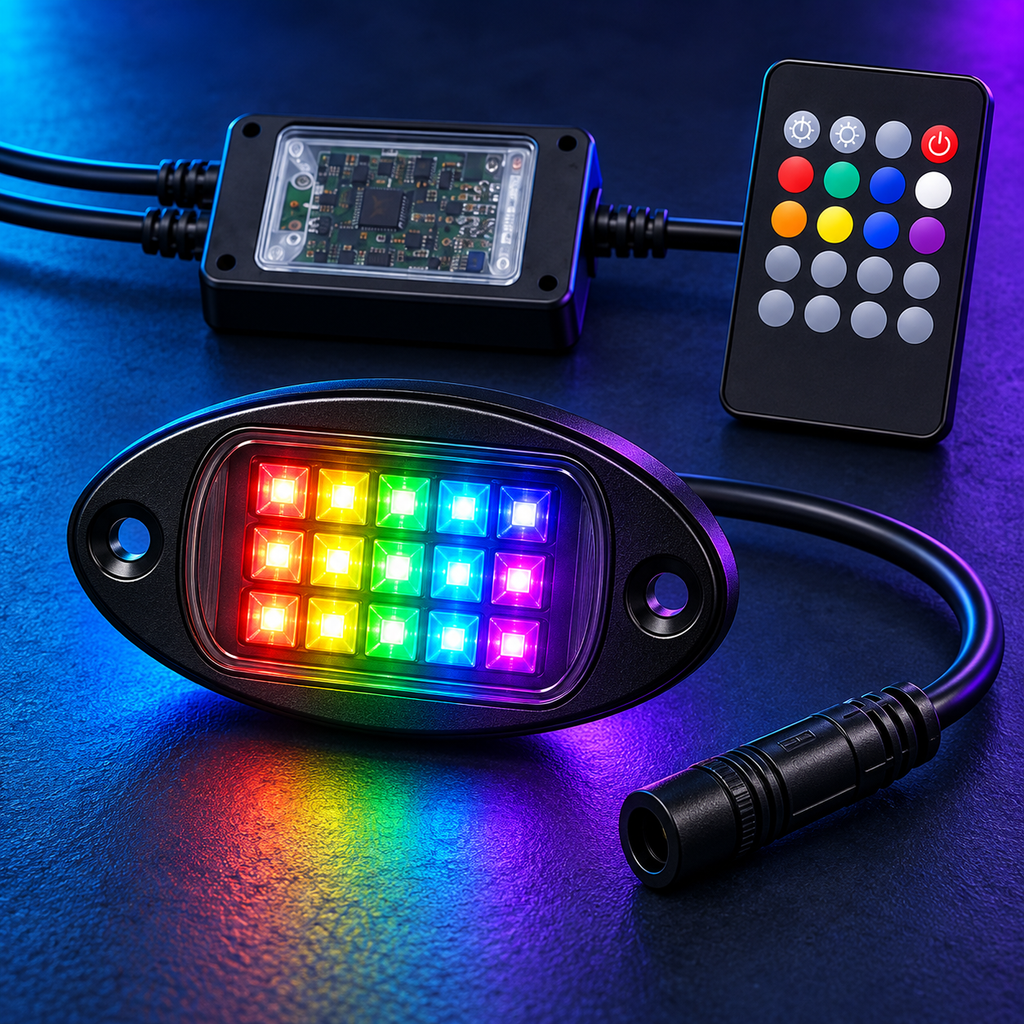 Close-up of one RGB off-road light pod with controller and remote