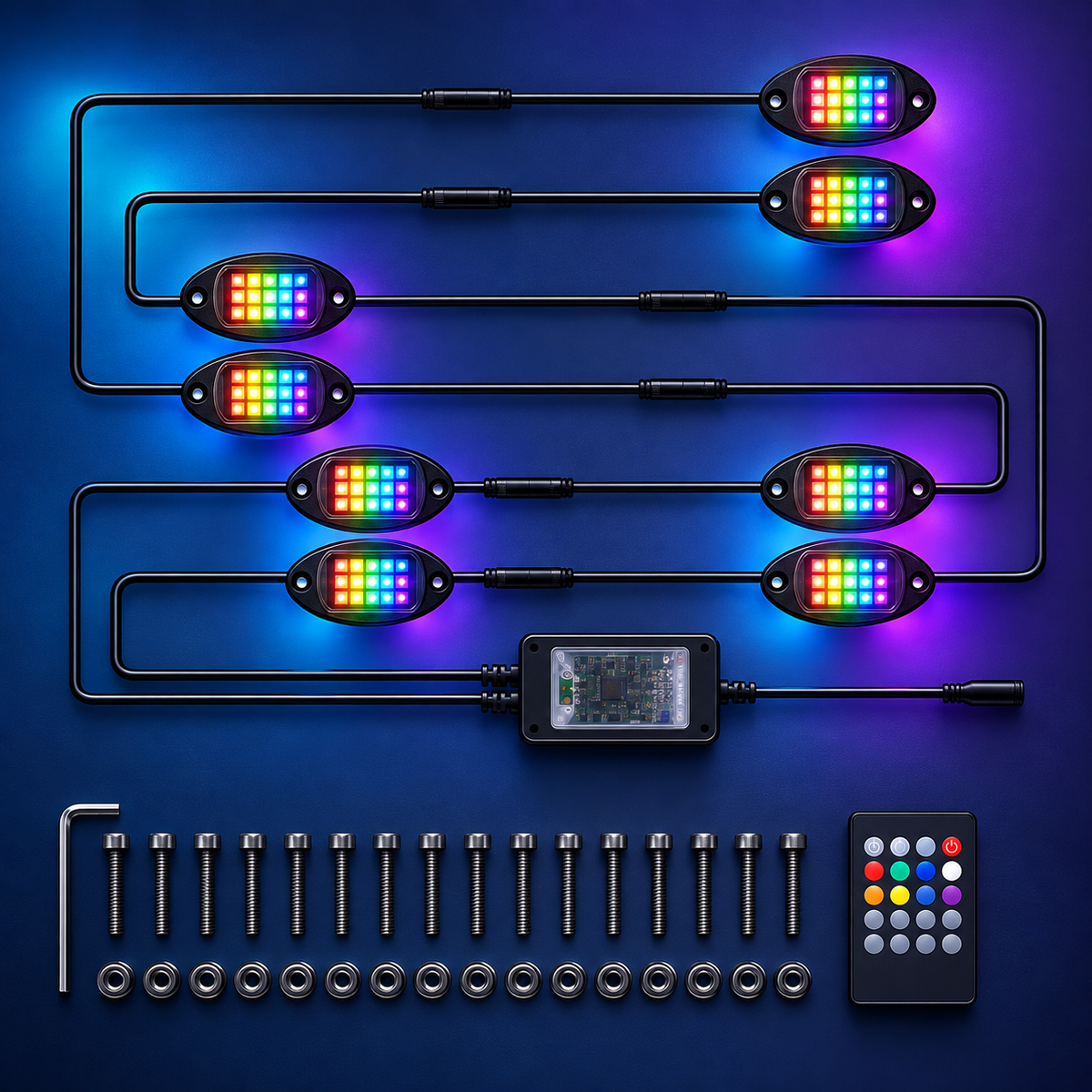 Eight-pod RGB off-road accent light kit with controller and hardware
