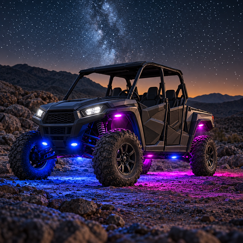 RGB pod accent lights installed on an unbranded off-road utility vehicle