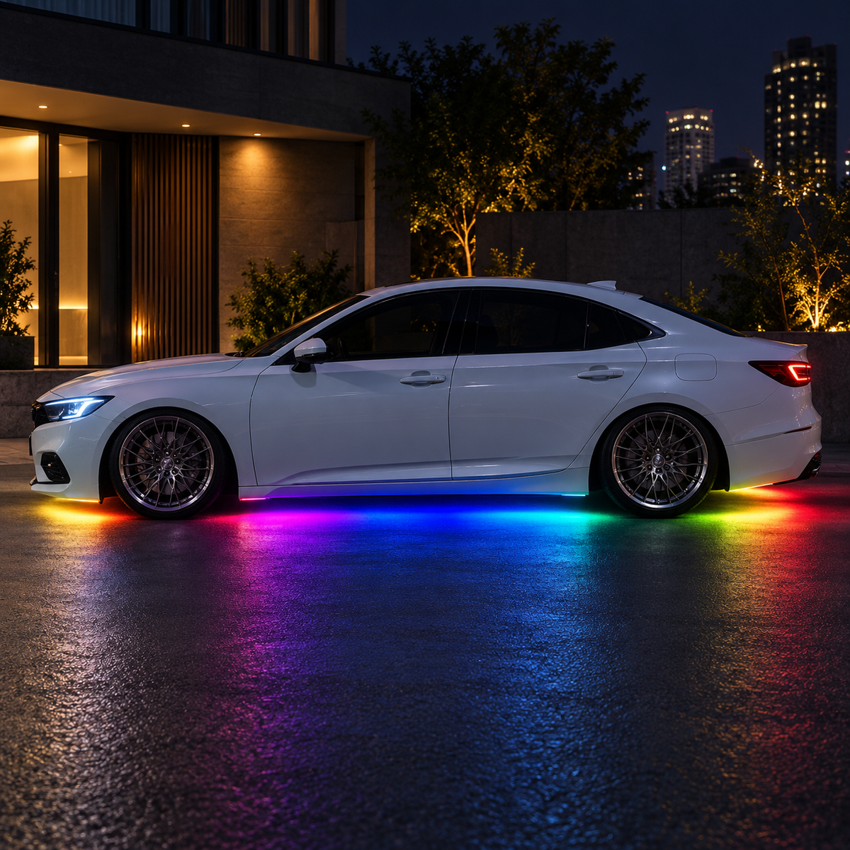 RGB underglow lighting beneath a modern car at night