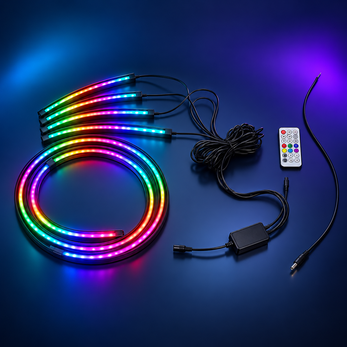 Six-bar RGB vehicle underglow light kit with controller and remote