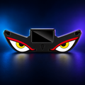 Solar vehicle warning eye light on a dark studio background