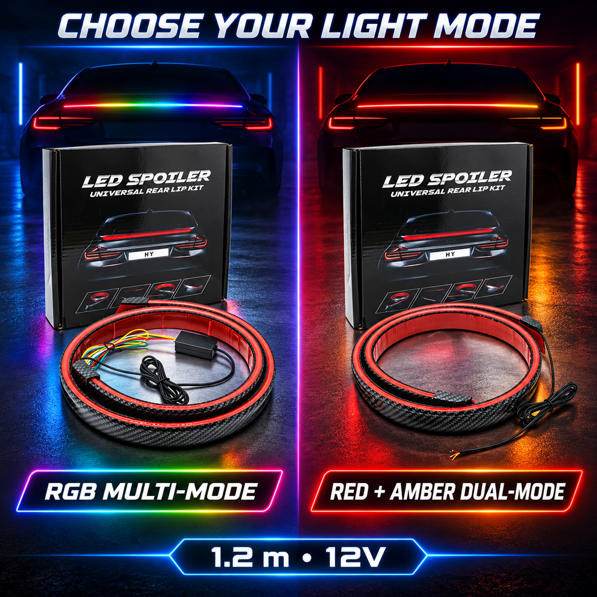 RGB multi-mode and red amber dual-mode spoiler light comparison