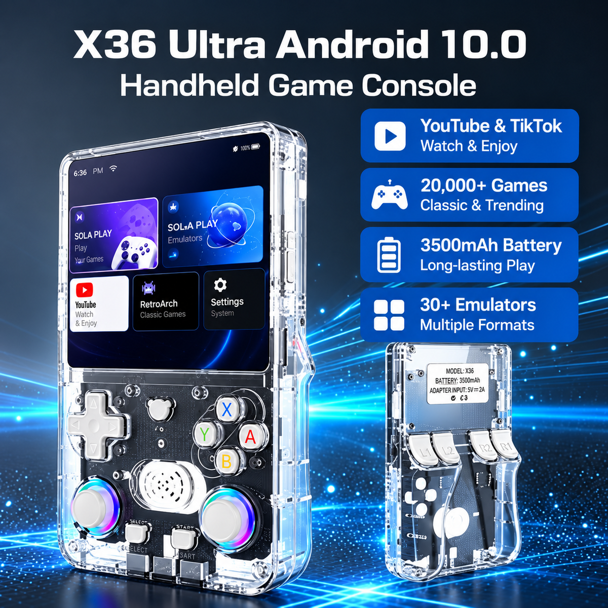 Transparent X36 Ultra Android handheld game console